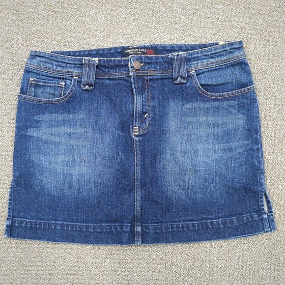 ✨ American Eagle Jean Skirt Womens 8 Blue Cotton Denim Stretch Button Pockets ✨ - Picture 1 of 8